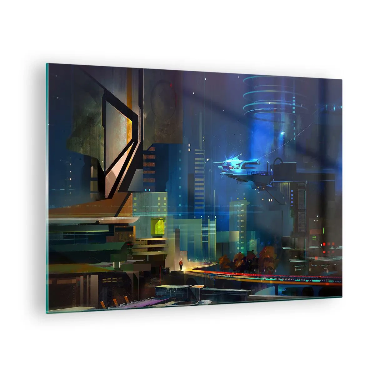 Cuadro sobre vidrio - Impresiones sobre Vidrio - Ciudad futurista de noche con luces de neón y un vehículo volador. - 70x50cm - En un futuro próximo - Decoración de pared moderna para salón y dormitorio ARTTOR