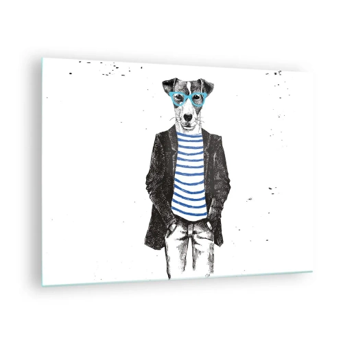 Cuadro sobre vidrio - Impresiones sobre Vidrio - Ilustración de un perro con camisa de marinero y gafas sobre un fondo blanco. - 70x50cm - El encanto del perro - Decoración de pared moderna para salón y dormitorio ARTTOR