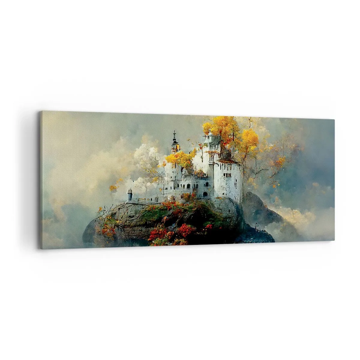 Cuadro sobre lienzo - Impresión de Imagen - Un castillo en una colina rodeado de árboles otoñales. - 120x50cm - El comienzo de una historia romántica - Decoración de pared moderna para salón y dormitorio ARTTOR