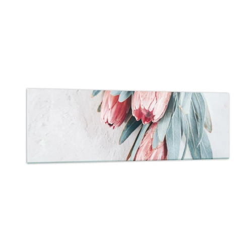Cuadro sobre vidrio - Impresiones sobre Vidrio - Sutiles flores de protea rosa sobre un fondo claro. - 160x50cm - Avergonzada de su propia belleza - Decoración de pared moderna para salón y dormitorio ARTTOR