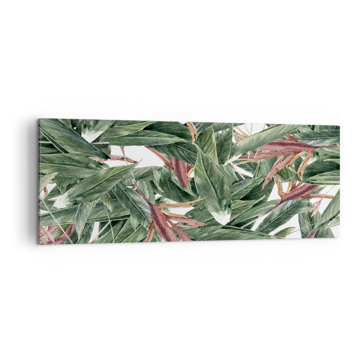 Cuadro sobre lienzo - Impresión de Imagen - Un motivo decorativo de hojas en tonos verdes y burdeos sobre un fondo claro. - 140x50cm - Naturaleza esmeralda y lila - Decoración de pared moderna para salón y dormitorio ARTTOR