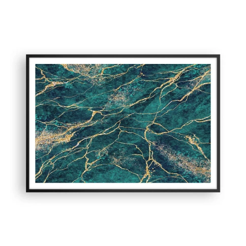 Póster en marco negro - Patrón de mármol texturizado en tonos turquesa y dorado. - 100x70cm - Riachuelos de oro - Decoración de pared moderna para salón y dormitorio ARTTOR