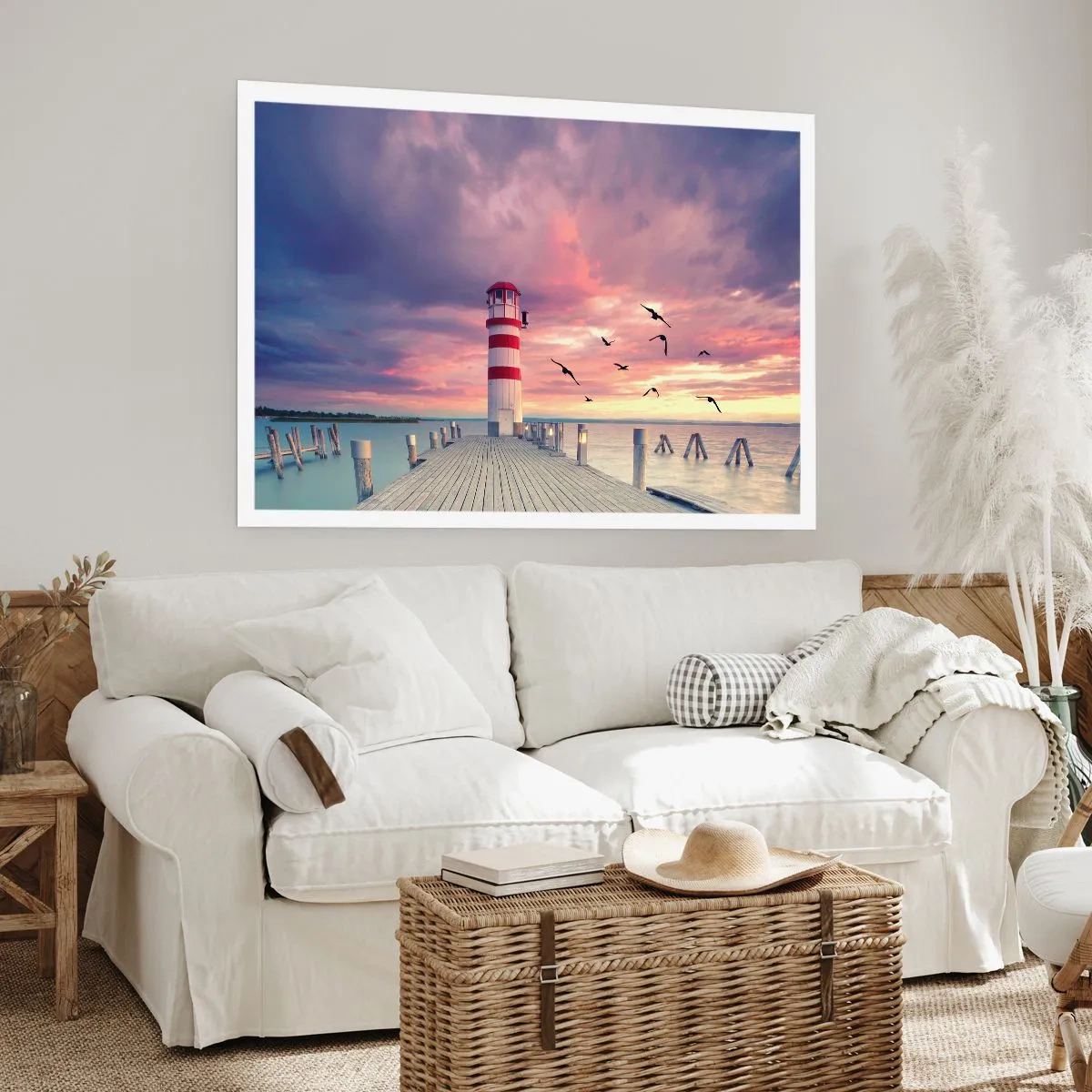 Póster - Un faro en el muelle rodeado de una pintoresca puesta de sol. - 100x70cm - Hora de ir al puerto - Decoración de pared moderna para salón y dormitorio ARTTOR