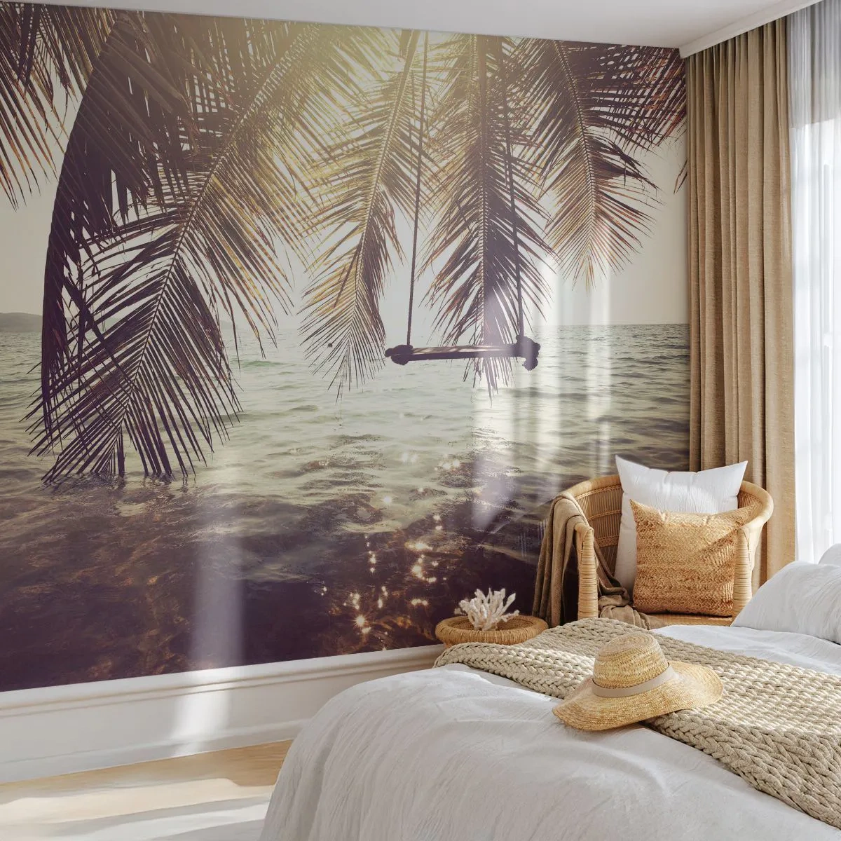 Fotomural Premium Sand - Columpiar la imaginación - Paisaje, Palmera de cocos, Mar - 100x70 cm