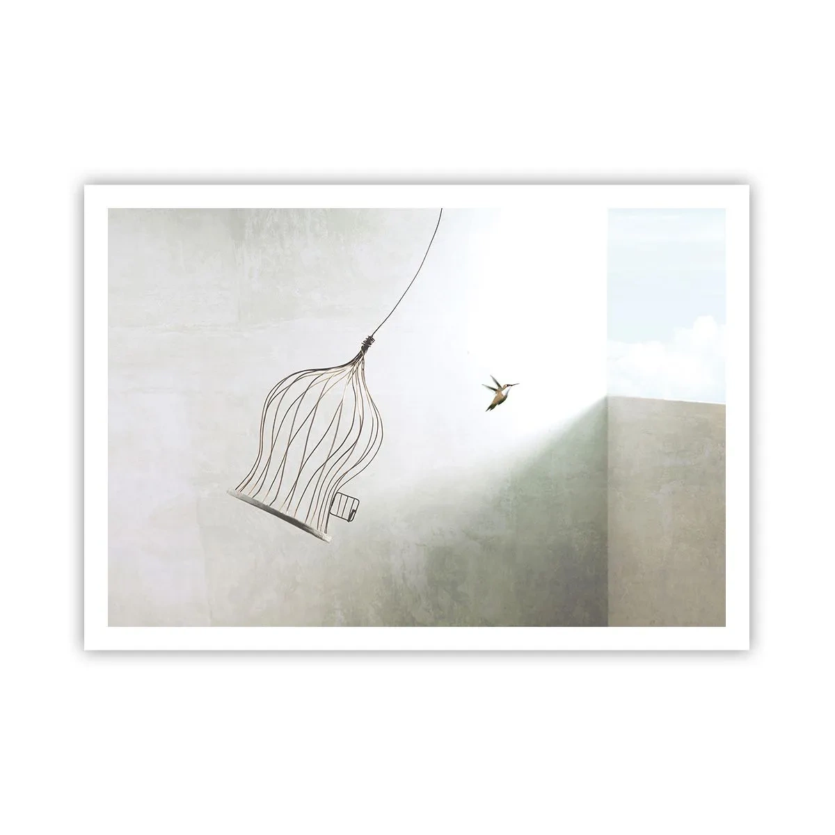 Póster - Un pájaro liberado de una jaula con el cielo brillante como telón de fondo. - 100x70cm - Aquí debo estar - Decoración de pared moderna para salón y dormitorio ARTTOR