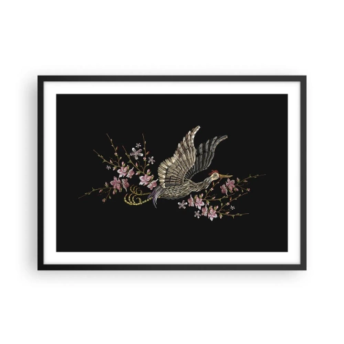 Póster en marco negro - Un pájaro en vuelo con flores sobre un fondo negro. - 70x50cm - Ave florida - Decoración de pared moderna para salón y dormitorio ARTTOR
