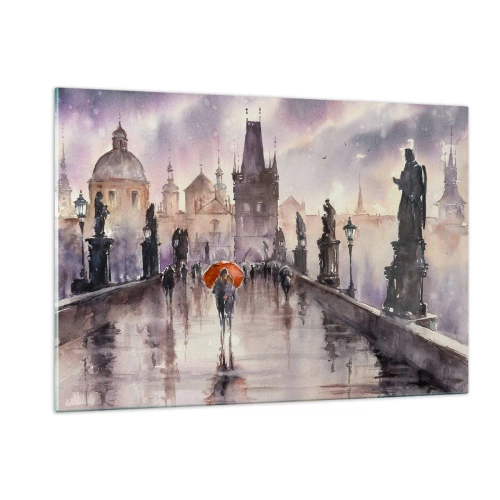 Cuadro sobre vidrio - Impresiones sobre Vidrio - Caminando bajo la lluvia por un puente con un paraguas naranja - 120x80cm - La gente no cambia - Decoración de pared moderna para salón y dormitorio ARTTOR
