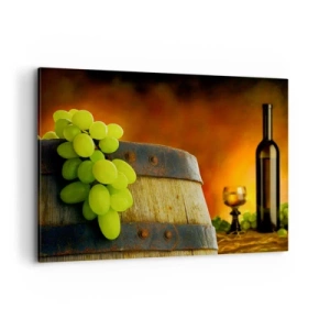 Cuadro sobre lienzo - Impresión de Imagen - Uvas en un barril de vino con un esquema de colores cálidos en el fondo. - 100x70cm - Bodegón con botella de vino y racimo de uvas - Decoración de pared moderna para salón y dormitorio ARTTOR