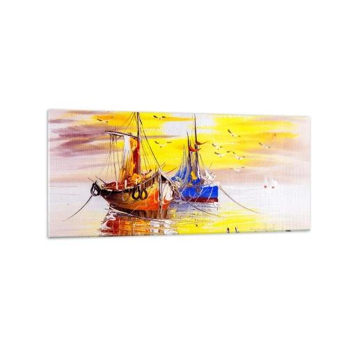 Cuadro sobre vidrio - Impresiones sobre Vidrio - Una escena pictórica de barcos en un mar en calma. - 120x50cm - Un merecido descanso en el puerto - Decoración de pared moderna para salón y dormitorio ARTTOR