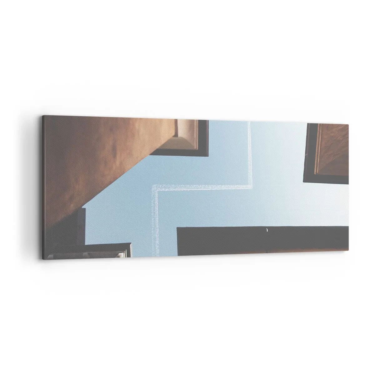 Cuadro sobre lienzo - Impresión de Imagen - Vista del avión y su estela en el cielo desde una perspectiva callejera. - 120x50cm - Por encima del laberinto urbano - Decoración de pared moderna para salón y dormitorio ARTTOR