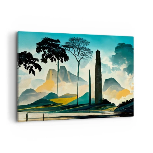 Cuadro sobre lienzo - Impresión de Imagen - Un paisaje pintoresco con árboles y montañas al fondo. - 120x80cm - Cada vez a más altitud - Decoración de pared moderna para salón y dormitorio ARTTOR