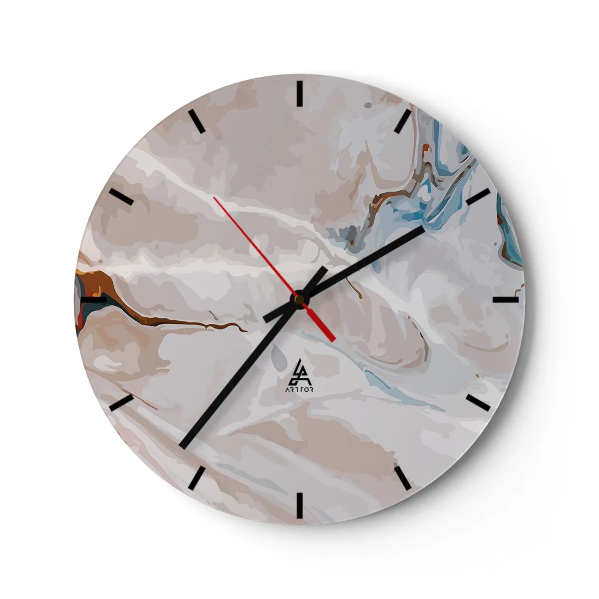 Reloj de pared - Reloj de vidrio - Un patrón abstracto con toques de azul y marrón sobre un fondo claro. - 30x30cm - El azul serpentea por el blanco - Decoración de pared moderna para salón, cocina y dormitorio ARTTOR