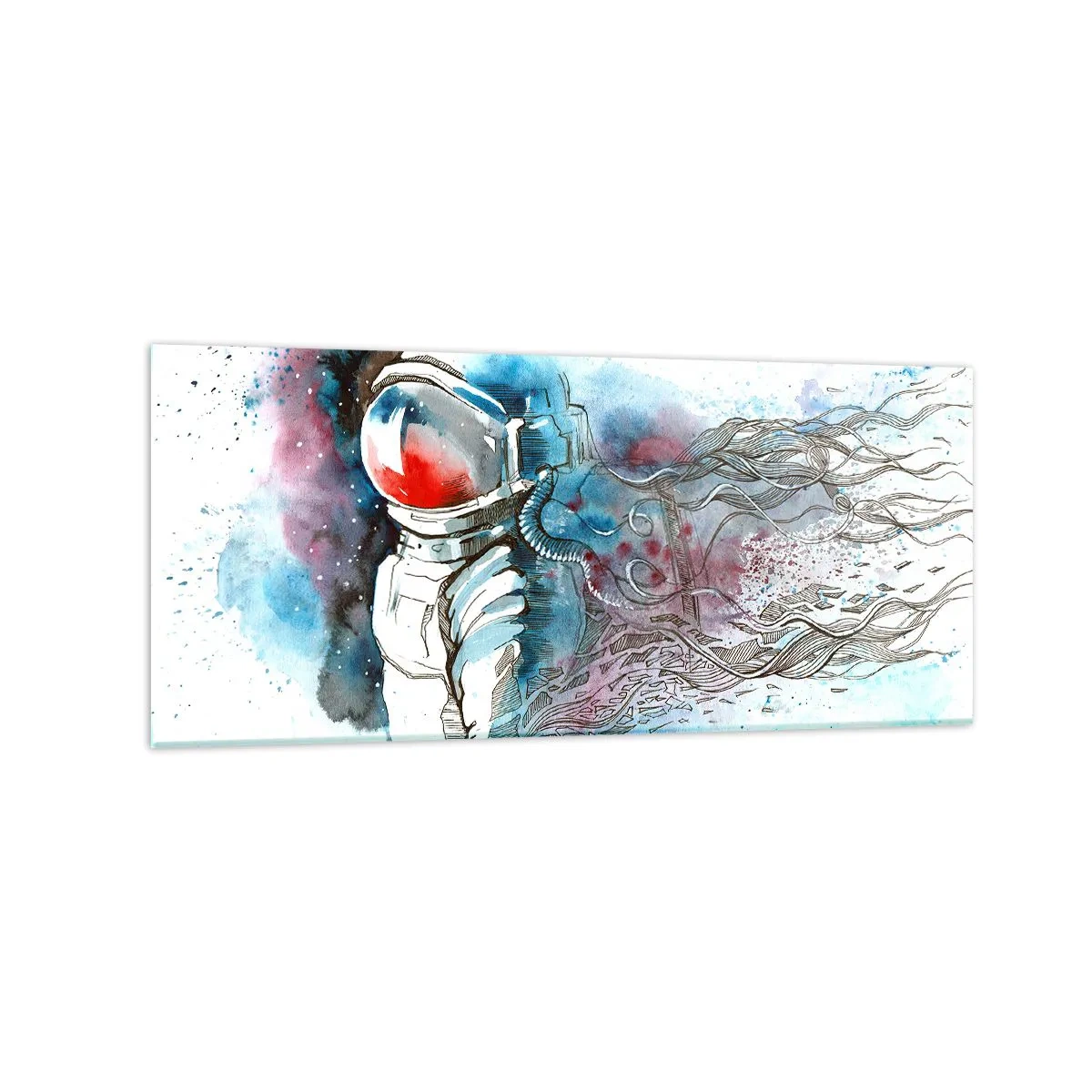 Cuadro sobre vidrio - Impresiones sobre Vidrio - Un cosmonauta en una acuarela dinámica con detalles cósmicos. - 120x50cm - A solas con el cosmos - Decoración de pared moderna para salón y dormitorio ARTTOR