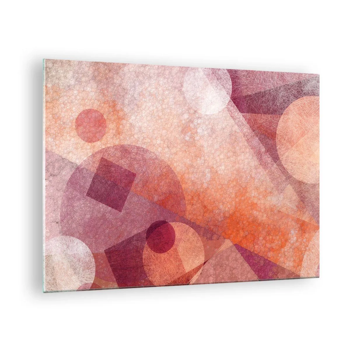Cuadro sobre vidrio - Impresiones sobre Vidrio - Composición geométrica abstracta en tonos rosa y naranja. - 70x50cm - Transformaciones geométricas en rosa - Decoración de pared moderna para salón y dormitorio ARTTOR