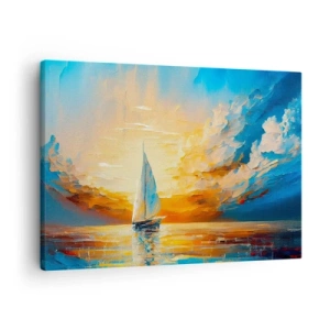 Cuadro sobre lienzo - Impresión de Imagen - Un velero con el sol poniente y nubes de colores como telón de fondo. - 70x50cm - Navegando en oro - Decoración de pared moderna para salón y dormitorio ARTTOR