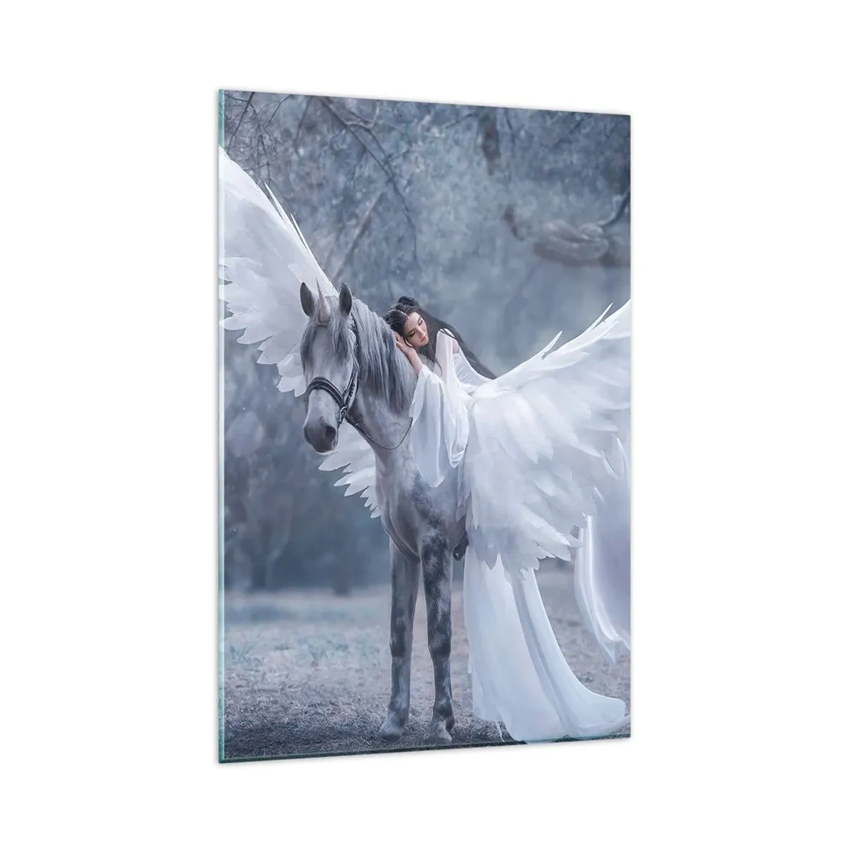 Cuadro sobre vidrio - Impresiones sobre Vidrio - Una mujer en un caballo blanco con alas en un bosque mágico. - 80x120cm - Un momento de inspiración - Decoración de pared moderna para salón y dormitorio ARTTOR