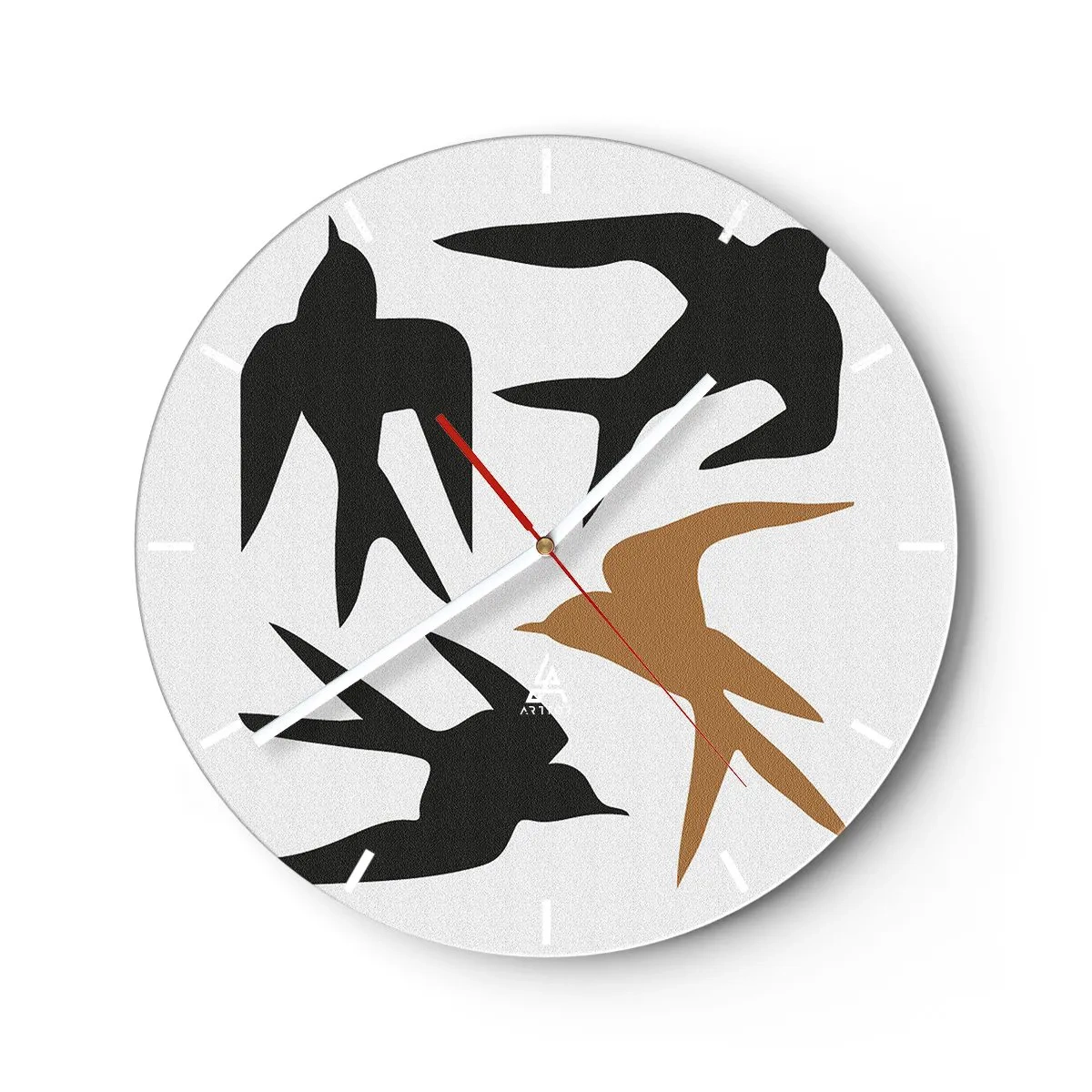 Reloj de pared - Reloj de vidrio - Siluetas negras y doradas de golondrinas sobre un fondo blanco - 30x30cm - Juegos de golondrinas - Decoración de pared moderna para salón, cocina y dormitorio ARTTOR