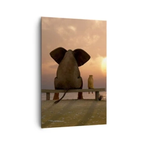 Cuadro sobre lienzo - Impresión de Imagen - Un elefante y un perro están sentados en un banco en la playa durante el atardecer. - 80x120cm - Es bueno estar en silencio juntos - Decoración de pared moderna para salón y dormitorio ARTTOR