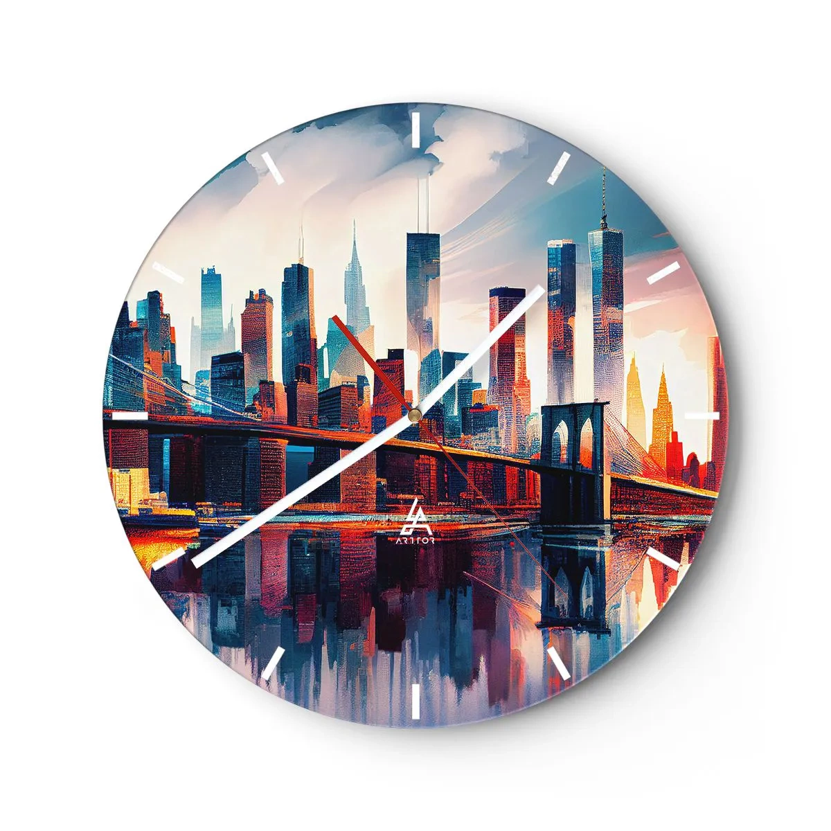 Reloj de pared - Reloj de vidrio - Horizonte de la ciudad de Nueva York con puente y reflejo en el agua al atardecer - 30x30cm - Nueva York siempre luce - Decoración de pared moderna para salón, cocina y dormitorio ARTTOR