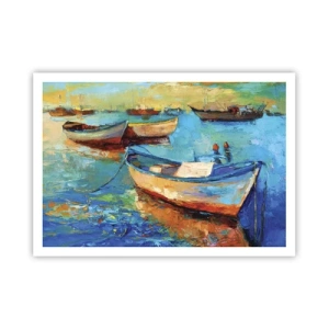 Póster - Barcos coloridos amarrados en aguas tranquilas - 100x70cm - En la bahía sur - Decoración de pared moderna para salón y dormitorio ARTTOR