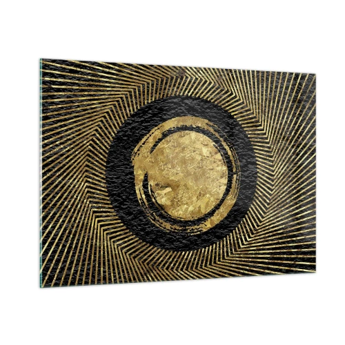 Cuadro sobre vidrio - Impresiones sobre Vidrio - Círculo dorado con rayos sobre fondo negro en un estilo glamoroso. - 100x70cm - Composición glamour - Decoración de pared moderna para salón y dormitorio ARTTOR