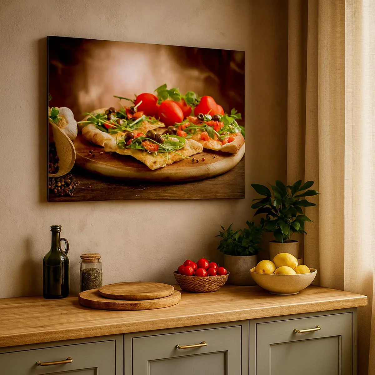 Cuadro sobre lienzo - Impresión de Imagen - Pizza con verduras sobre tabla de madera en estilo rústico - 70x50cm - Directamente del horno y del jardín - Decoración de pared moderna para salón y dormitorio ARTTOR