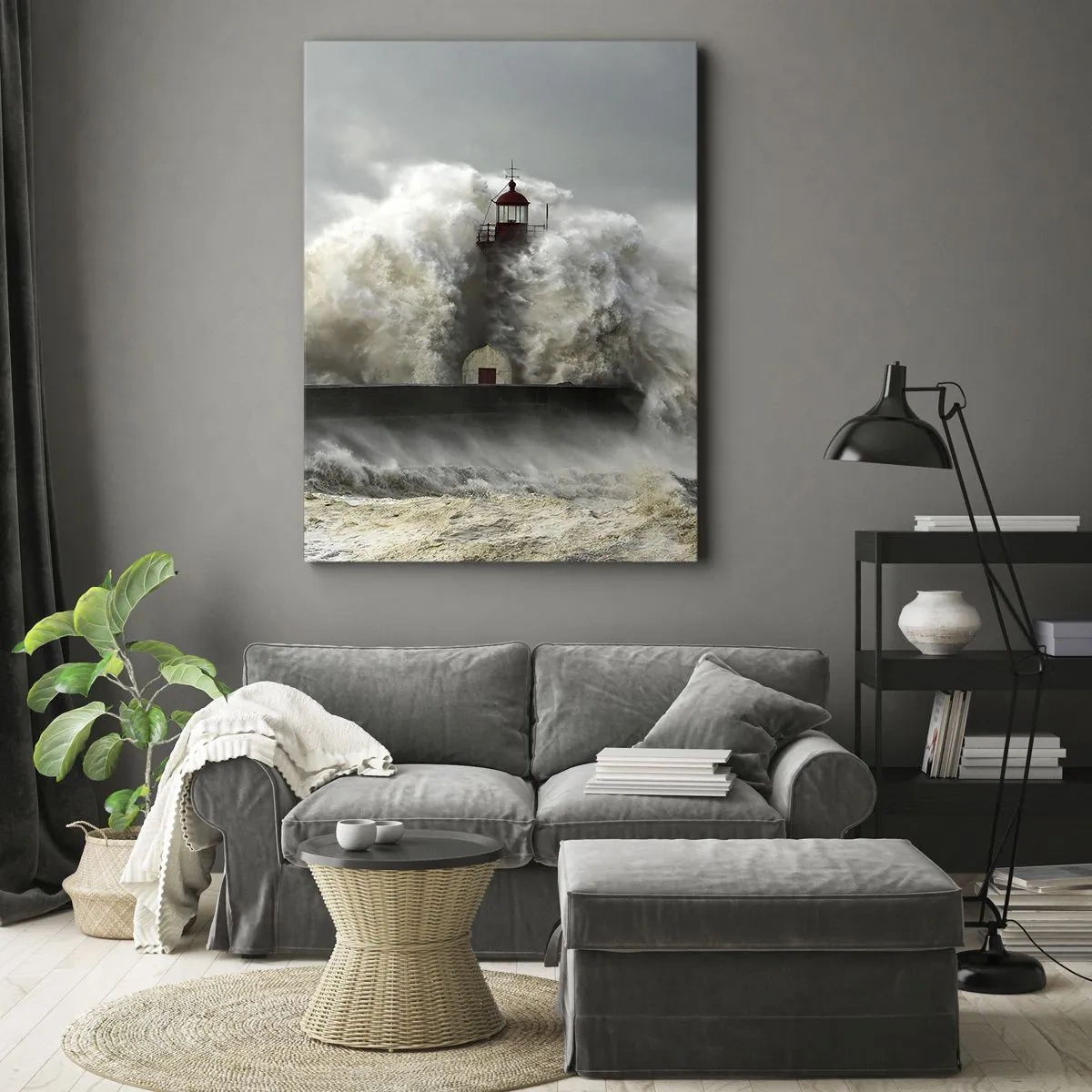 Cuadro sobre lienzo - Impresión de Imagen - Un faro rodeado de fuertes olas durante una tormenta. - 70x100cm - La furia del océano - Decoración de pared moderna para salón y dormitorio ARTTOR
