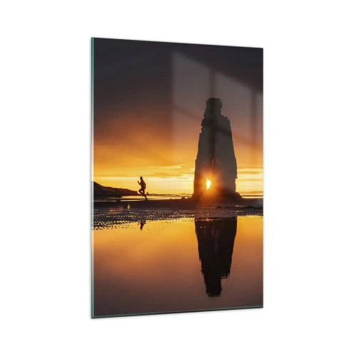 Cuadro sobre vidrio - Impresiones sobre Vidrio - Persona corriendo en la playa al atardecer con formación rocosa - 80x120cm - Solo tú y la naturaleza - Decoración de pared moderna para salón y dormitorio ARTTOR