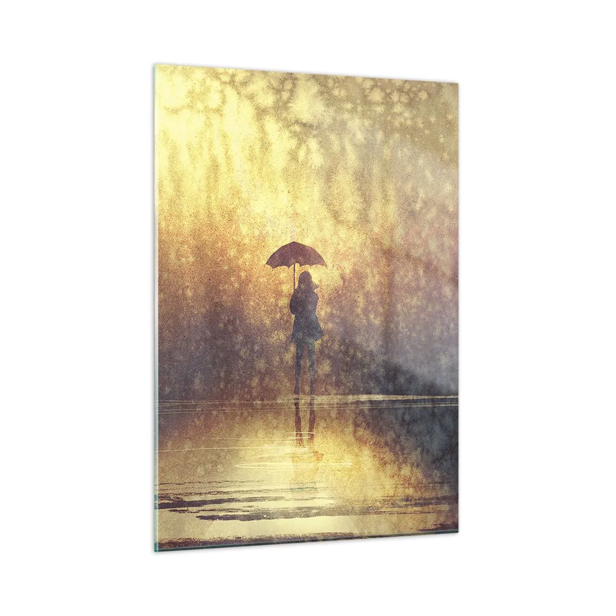 Cuadro sobre vidrio - Impresiones sobre Vidrio - Una figura con un paraguas a la luz del sol poniente y la lluvia. - 50x70cm - Siento que alguien me mira - Decoración de pared moderna para salón y dormitorio ARTTOR