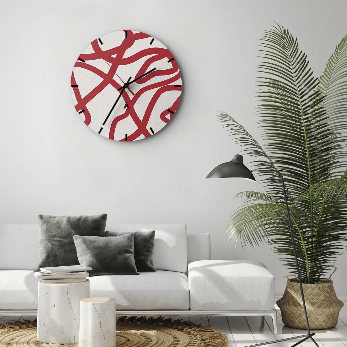 Reloj de pared - Reloj de vidrio - Rojo sobre blanco - 30x30 cm
