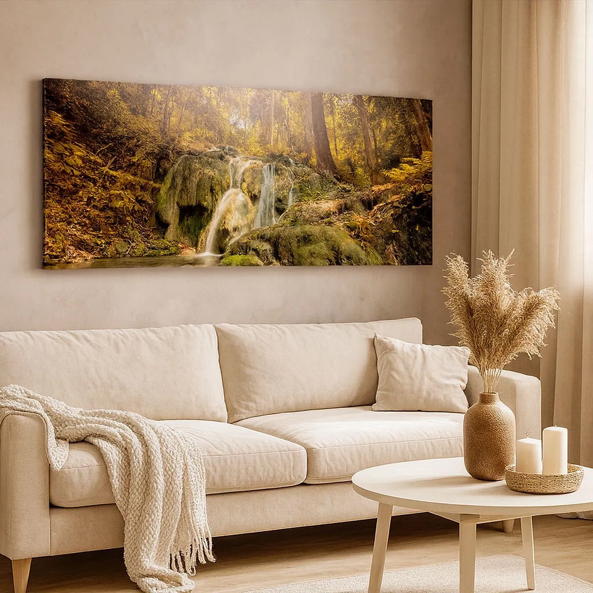 Cuadro sobre lienzo - Impresión de Imagen - Cascada forestal en verde - 100x40 cm