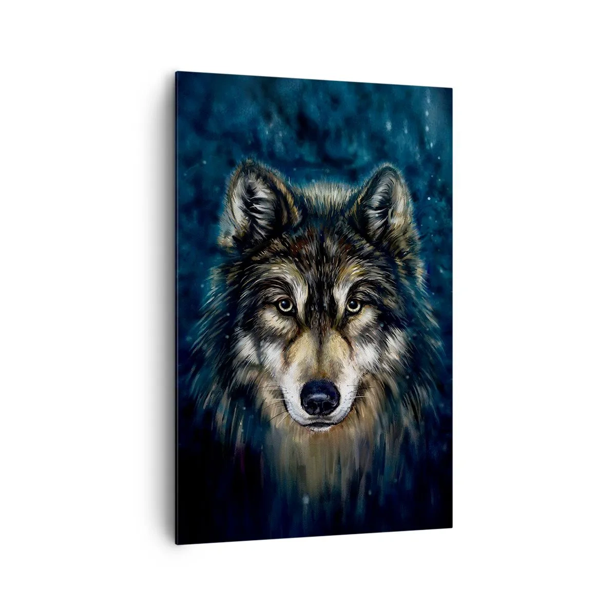 Cuadro sobre lienzo - Impresión de Imagen - Retrato de un lobo sobre un fondo azul oscuro - 80x120cm - ¿Alfa? Y omega - Decoración de pared moderna para salón y dormitorio ARTTOR