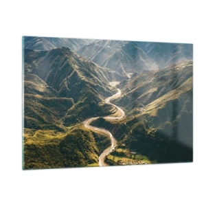 Cuadro sobre vidrio - Impresiones sobre Vidrio - Un camino sinuoso que serpentea a través de verdes valles de montaña. - 120x80cm - Directamente desde el corazón de las montañas - Decoración de pared moderna para salón y dormitorio ARTTOR