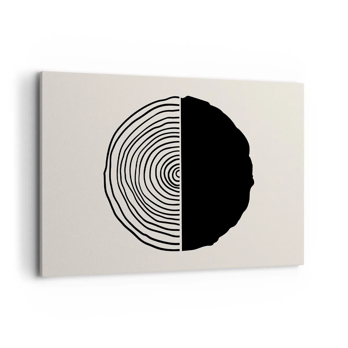 Cuadro sobre lienzo - Impresión de Imagen - Un motivo abstracto en blanco y negro inspirado en una sección transversal de madera con una división geométrica. - 100x70cm - Mitad y mitad - Decoración de pared moderna para salón y dormitorio ARTTOR