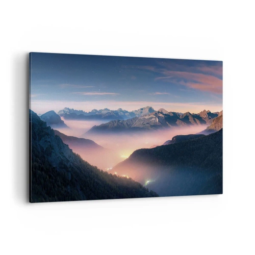 Cuadro sobre lienzo - Impresión de Imagen - Un paisaje de montaña con un valle lleno de niebla. - 120x80cm - Luz en los valles - Decoración de pared moderna para salón y dormitorio ARTTOR