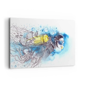Cuadro sobre lienzo - Impresión de Imagen - Escena submarina con un buceador y peces exóticos. - 120x80cm - Sumergirse en lo desconocido - Decoración de pared moderna para salón y dormitorio ARTTOR