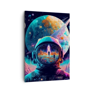 Cuadro sobre lienzo - Impresión de Imagen - Astronauta en el espacio con un colorido paisaje planetario. - 50x70cm - Sueños de niño - Decoración de pared moderna para salón y dormitorio ARTTOR