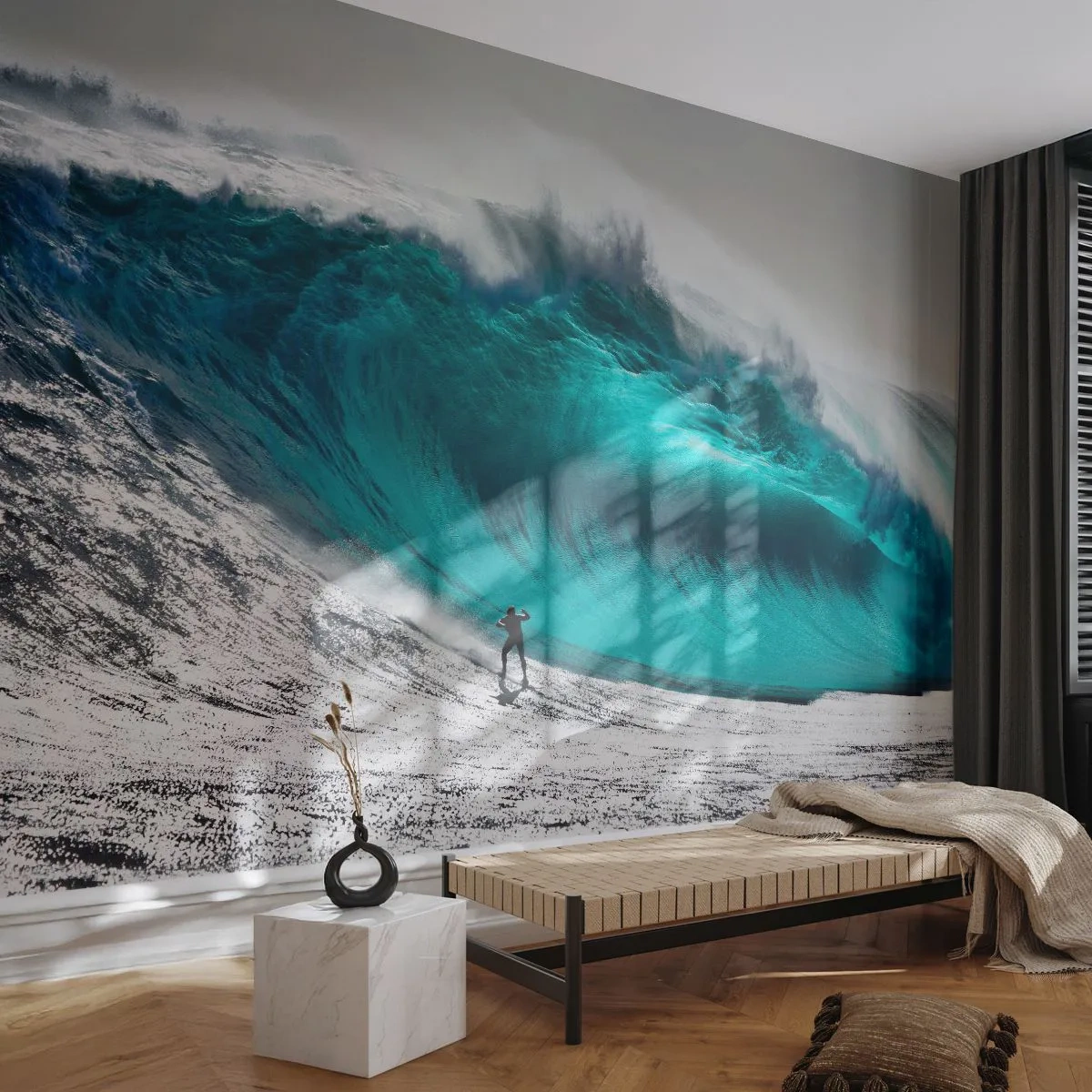 Fotomural Premium Canvas - Surfista frente a una ola gigante - 100x70cm - Reto aceptado - Decoración de pared moderna para salón y dormitorio ARTTOR