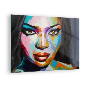 Cuadro sobre vidrio - Impresiones sobre Vidrio - Un retrato colorido de una mujer con un estilo distintivo. - 70x50cm - Mirada penetrante - Decoración de pared moderna para salón y dormitorio ARTTOR