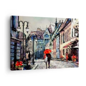 Cuadro sobre lienzo - Impresión de Imagen - Una encantadora calle de la ciudad con una pareja bajo un paraguas rojo. - 70x50cm - Lluvia para dos - Decoración de pared moderna para salón y dormitorio ARTTOR