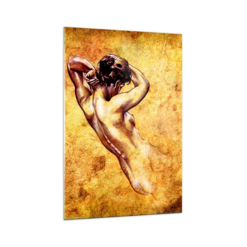 Cuadro sobre vidrio - Impresiones sobre Vidrio - Desnudo femenino artístico sobre fondo dorado en estilo clásico. - 70x100cm - Revelado, pero todavía un misterio - Decoración de pared moderna para salón y dormitorio ARTTOR