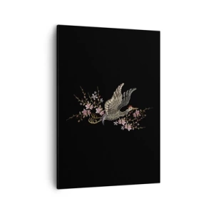 Cuadro sobre lienzo - Impresión de Imagen - Un pájaro en vuelo con flores sobre un fondo negro. - 50x70cm - Ave florida - Decoración de pared moderna para salón y dormitorio ARTTOR