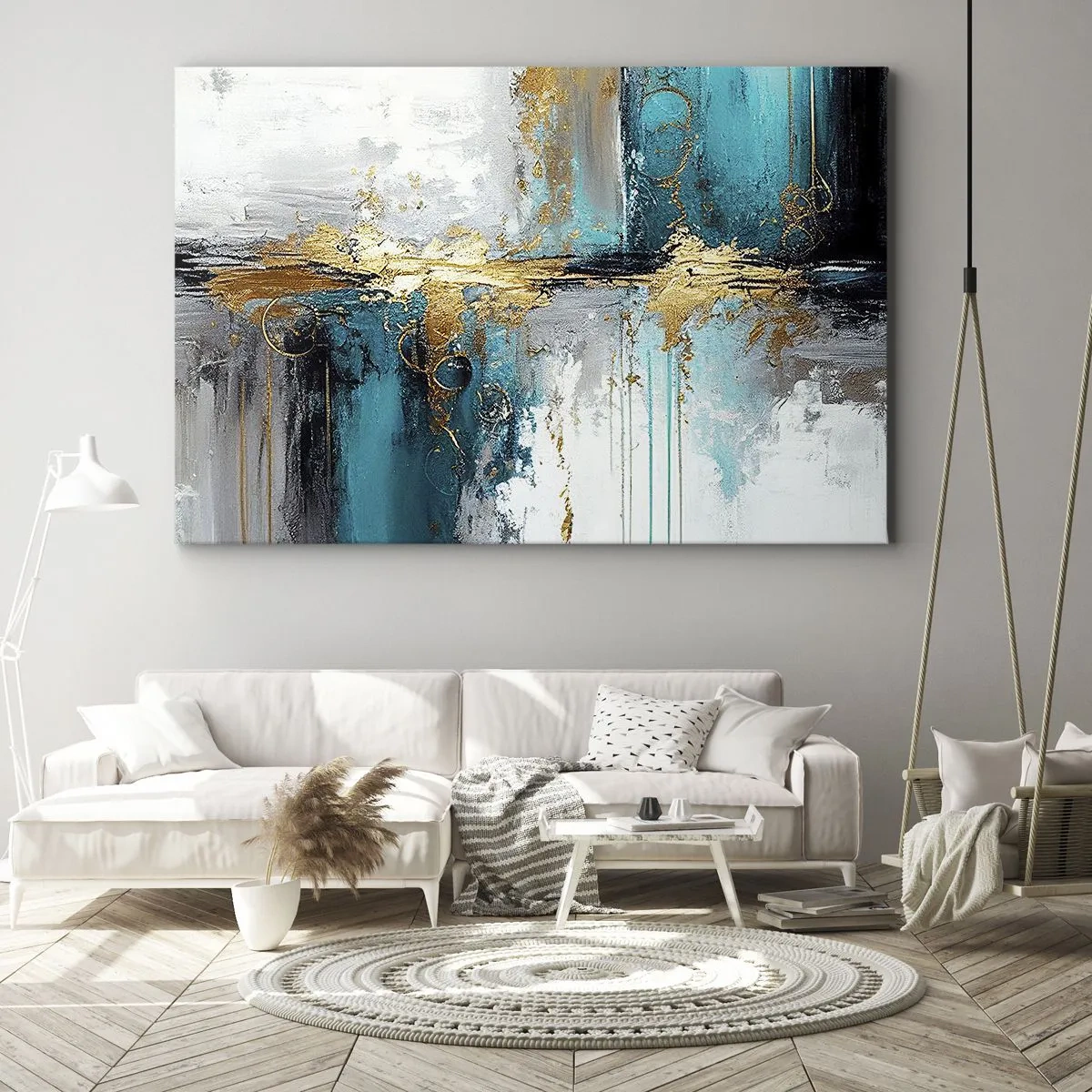 Cuadro sobre lienzo - Impresión de Imagen - Una composición abstracta con acentos turquesa y dorado. - 70x50cm - Todo fluye - Decoración de pared moderna para salón y dormitorio ARTTOR