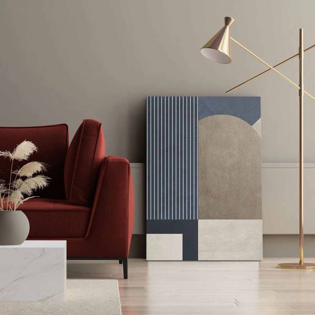 Cuadro sobre lienzo - Impresión de Imagen - Figuras geométricas en tonos beige y azul marino con líneas. - 50x70cm - Composición de sencillez y redondez - Decoración de pared moderna para salón y dormitorio ARTTOR