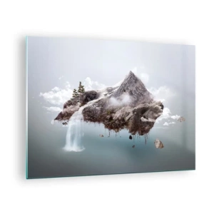 Cuadro sobre vidrio - Impresiones sobre Vidrio - Una isla de montaña flotante con una cascada de estilo surrealista. - 70x50cm - Isla surrealista - Decoración de pared moderna para salón y dormitorio ARTTOR