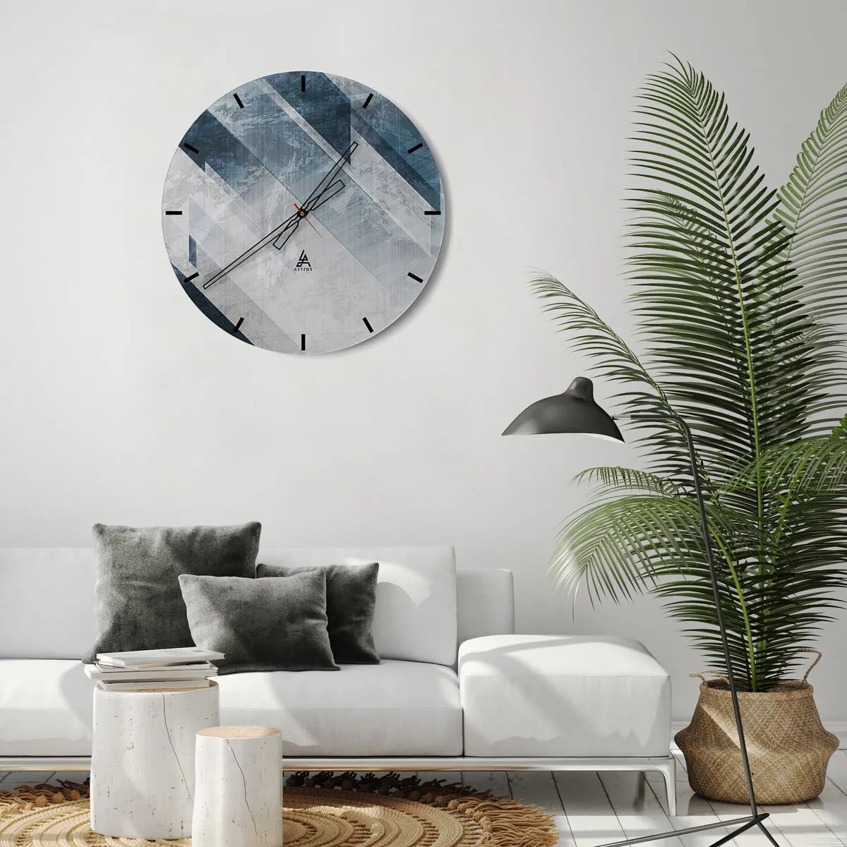 Reloj de pared - Reloj de vidrio - Las rayas geométricas en tonos grises y azul marino crean profundidad. - 30x30cm - Composición espacial - movimiento de grises - Decoración de pared moderna para salón, cocina y dormitorio ARTTOR
