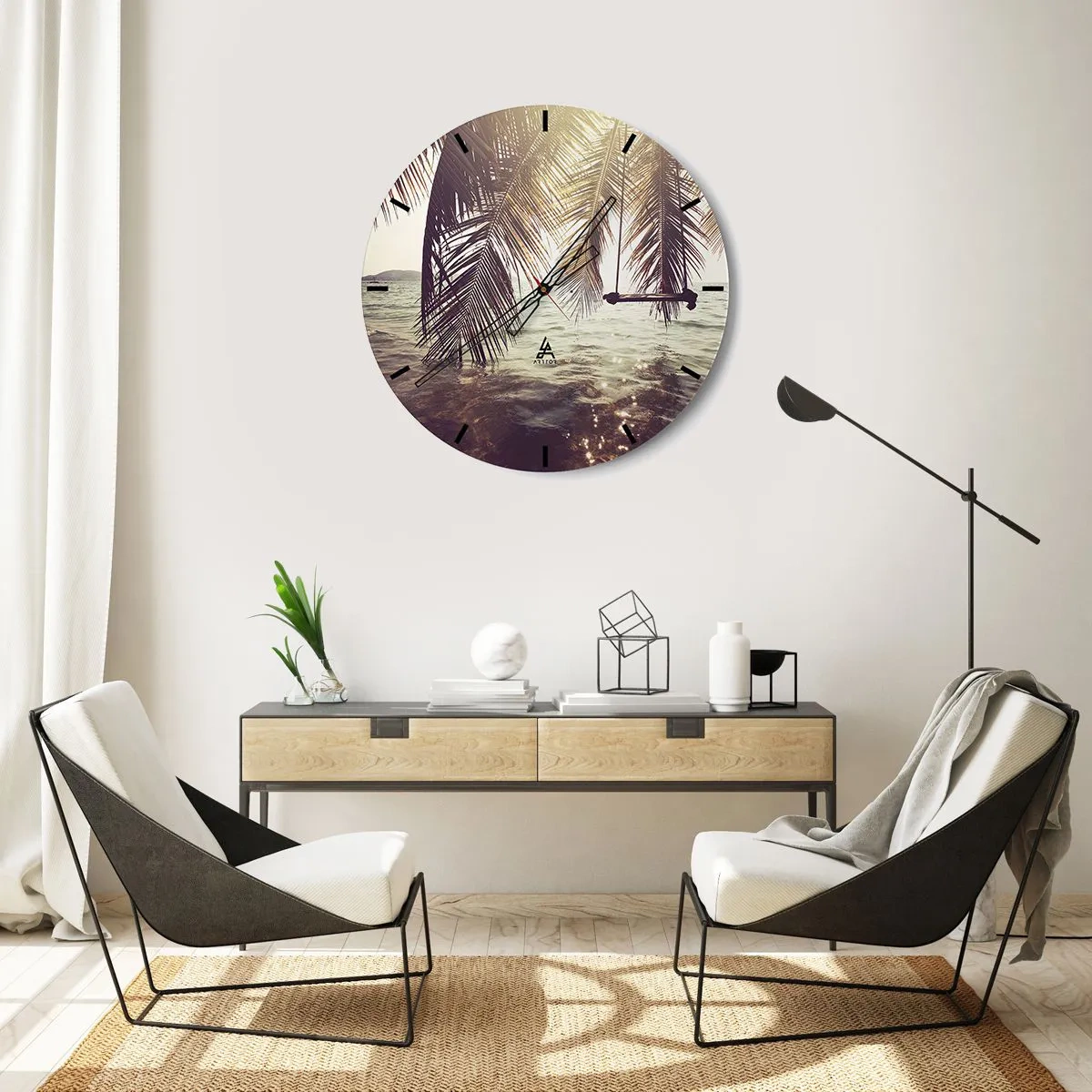 Reloj de pared - Reloj de vidrio - Hamacas y palmeras sobre el agua al atardecer - 30x30cm - Columpiar la imaginación - Decoración de pared moderna para salón, cocina y dormitorio ARTTOR