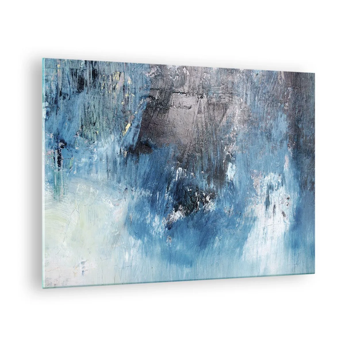Cuadro sobre vidrio - Impresiones sobre Vidrio - Composición abstracta en tonos azules - 70x50cm - Rapsodia celeste - Decoración de pared moderna para salón y dormitorio ARTTOR