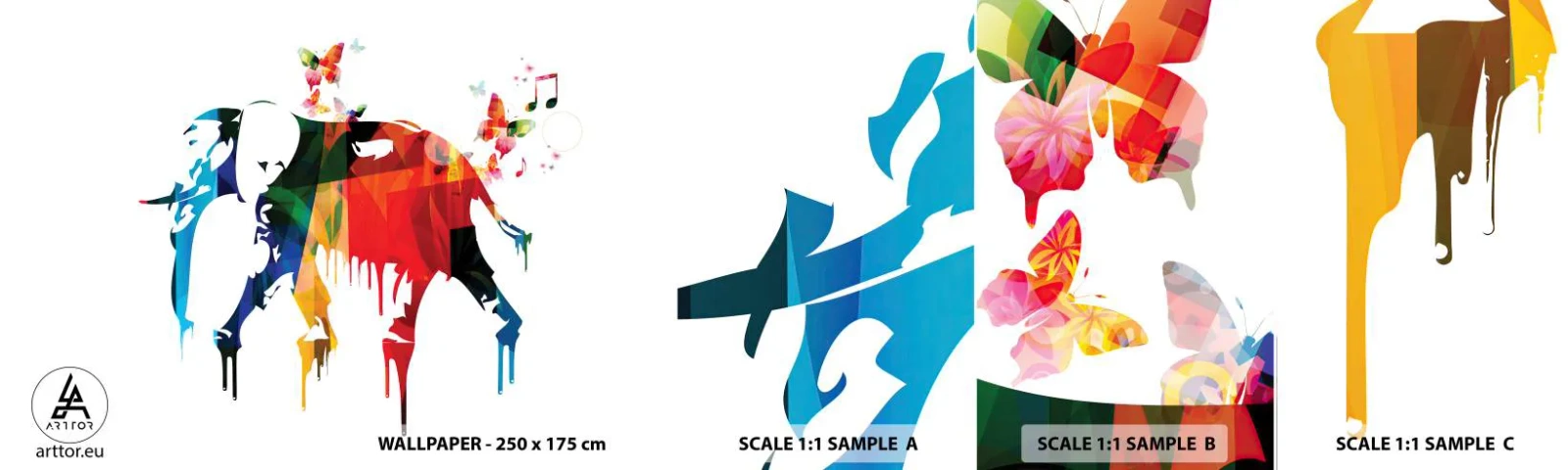 Muestra de fotomural autoadhesivo Deluxe Sticker - Todo el mundo puede bailar - Abstracción, Elefante, Mariposa - 100x30 cm