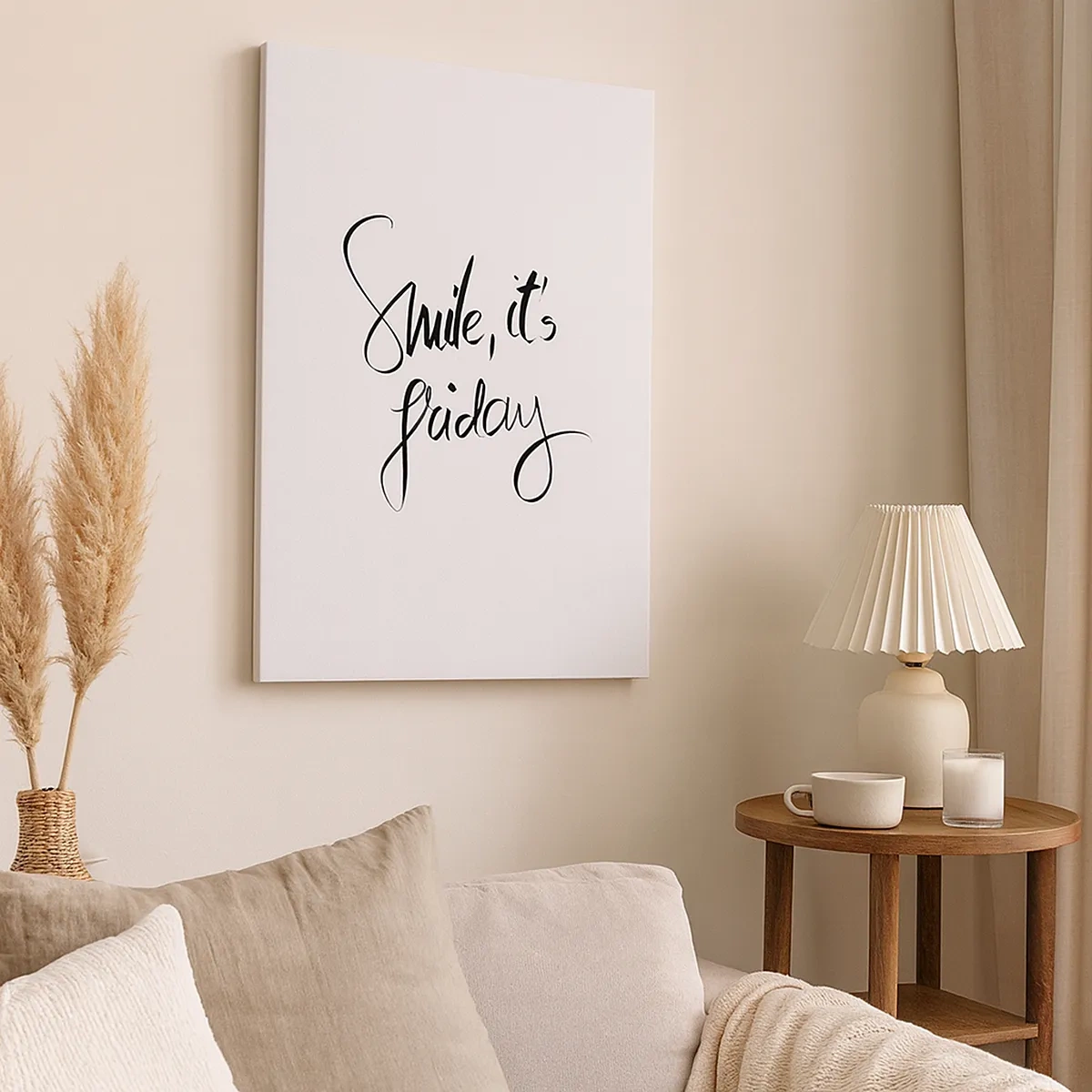 Cuadro sobre lienzo - Impresión de Imagen - Letras en blanco y negro Sonríe, es viernes - 50x70cm - La verdadera alegría - Decoración de pared moderna para salón y dormitorio ARTTOR